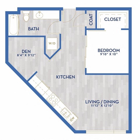 Floor plan for 1 bed, 1 bath, 710 sqft